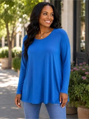 Azules Royal Blue Long Sleeve Swing Tunic Top Rayon Stretch Made USA NWOT Medium